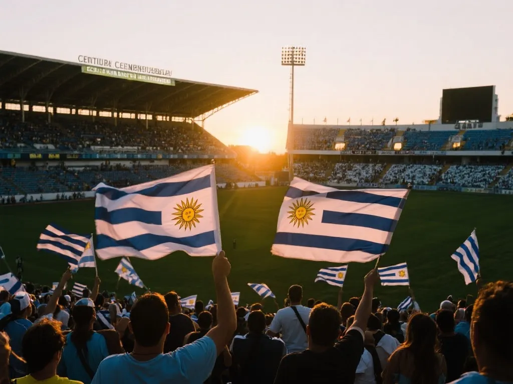 乌拉圭百年球场的清晨，球迷挥舞着旗帜，充满激情的氛围